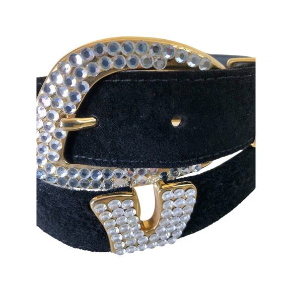 CACHE Black Suede Leather Gold METAL Hardware Rhinestones 1 1/4" Wide Belt